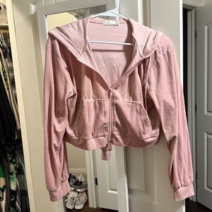 Pink Velour Cropped Zip-Up Hoodie